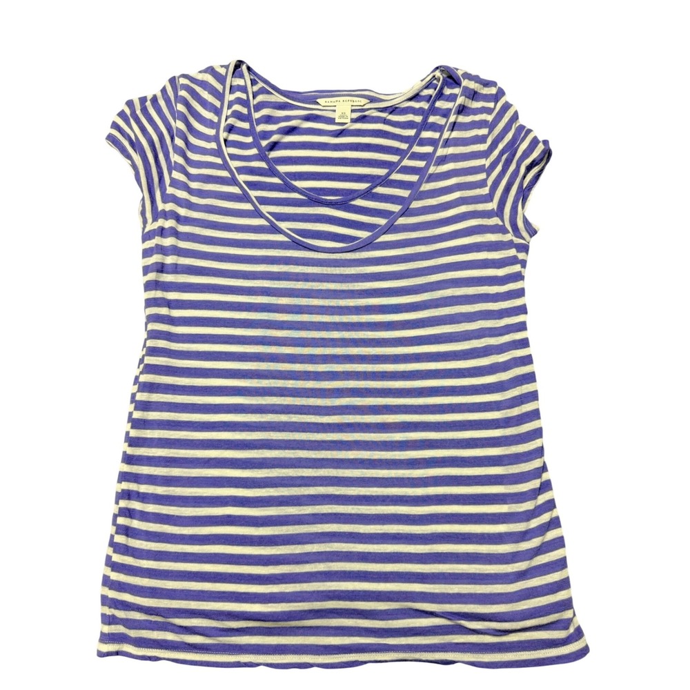 Banana Republic Rayon Linen Top Purple White Striped Scoop Neck Tee Womens XS